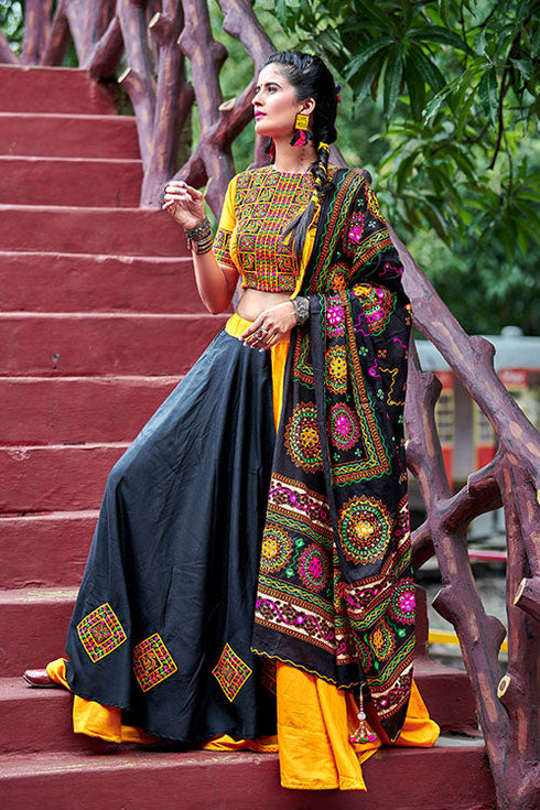 Shubhkala Yellow & Black Soft Cotton Resham Embroidered Navratri Lehenga